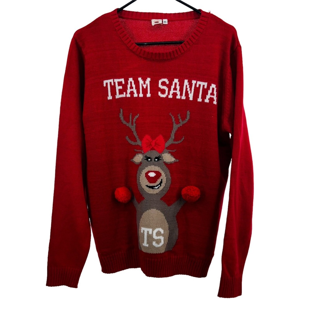 DARI Team Santa Reindeer Ugly Christmas Sweater Unisex XL Red Pom Pom Holiday